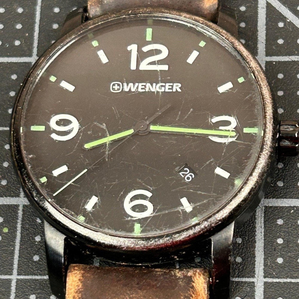 Wenger Swiss Military Watch 01.1041.121 Black Dial Brown Leather Field Watch